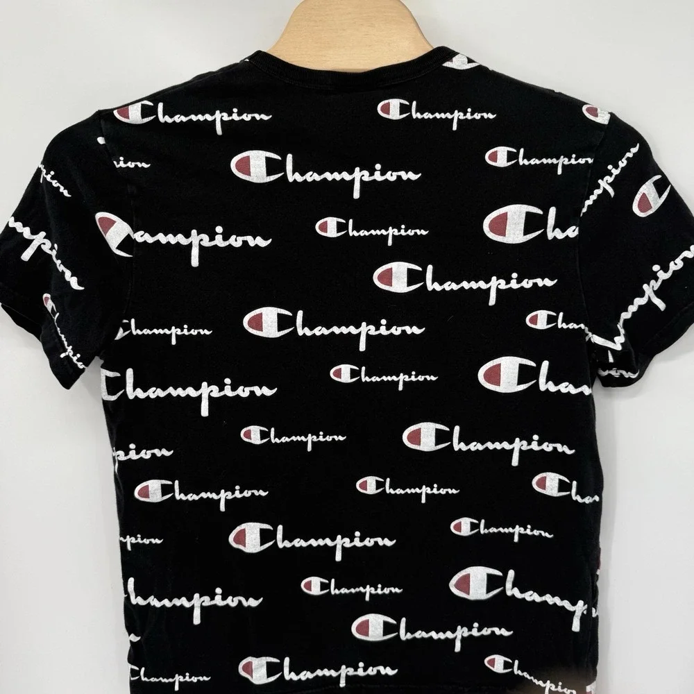 Champion T-Shirt Mens Large Black All Over Print Logo Script Graphic Tee T1919S - Picture 2 of 5